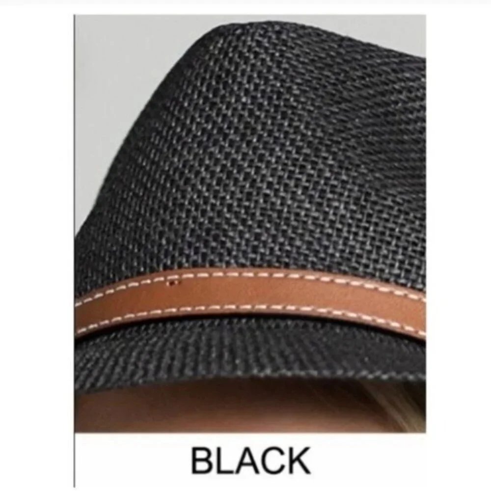 Black Fedora Hat W/ Brown Faux Leather Band Lightweight Woven Design-NEW